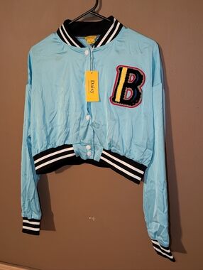 Daisy Light Blue Cropped Bomber Jacket with 'B' Patch